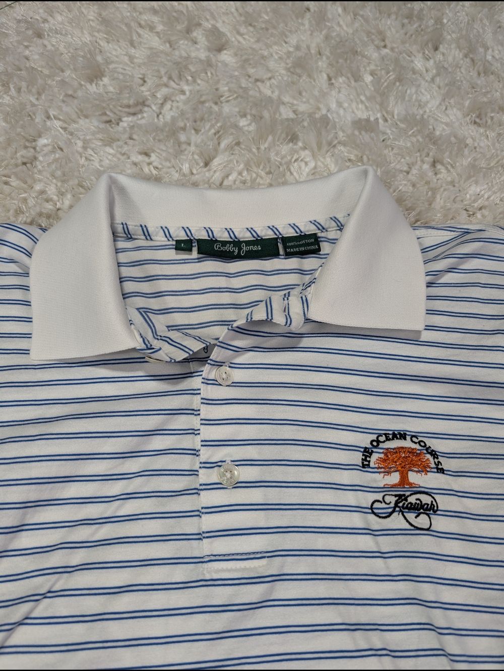 Bobby Jones White Polo with Blue Pinstripes Ocean Course Kiawah